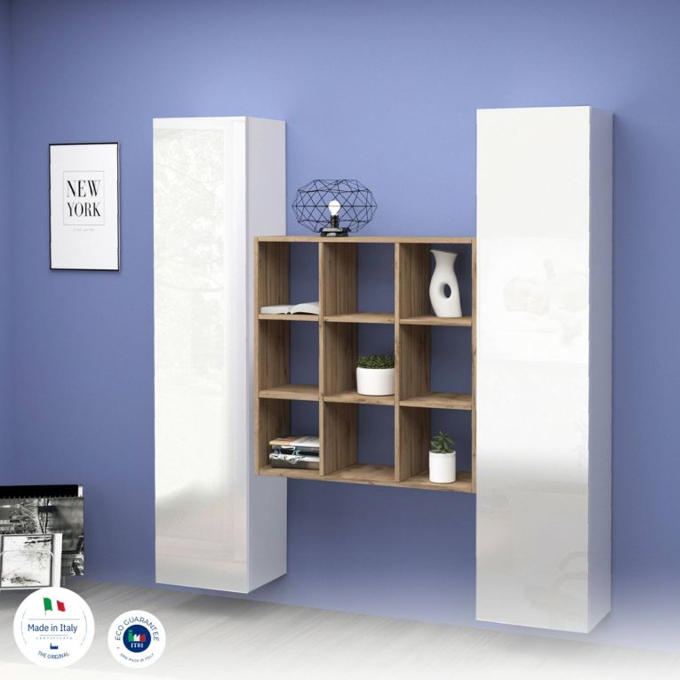 Credenza slim bianco lucida e acero 40x30x180h cm 2 ante - Acerenza