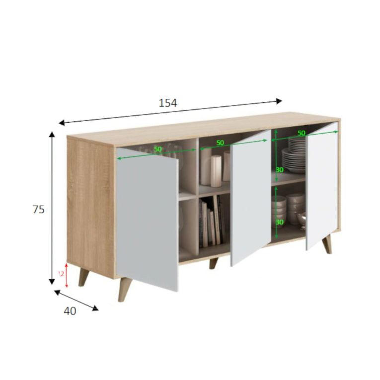Credenza soggiorno rovere e bianca 154x41x75h cm 3 ante - Acrolorum