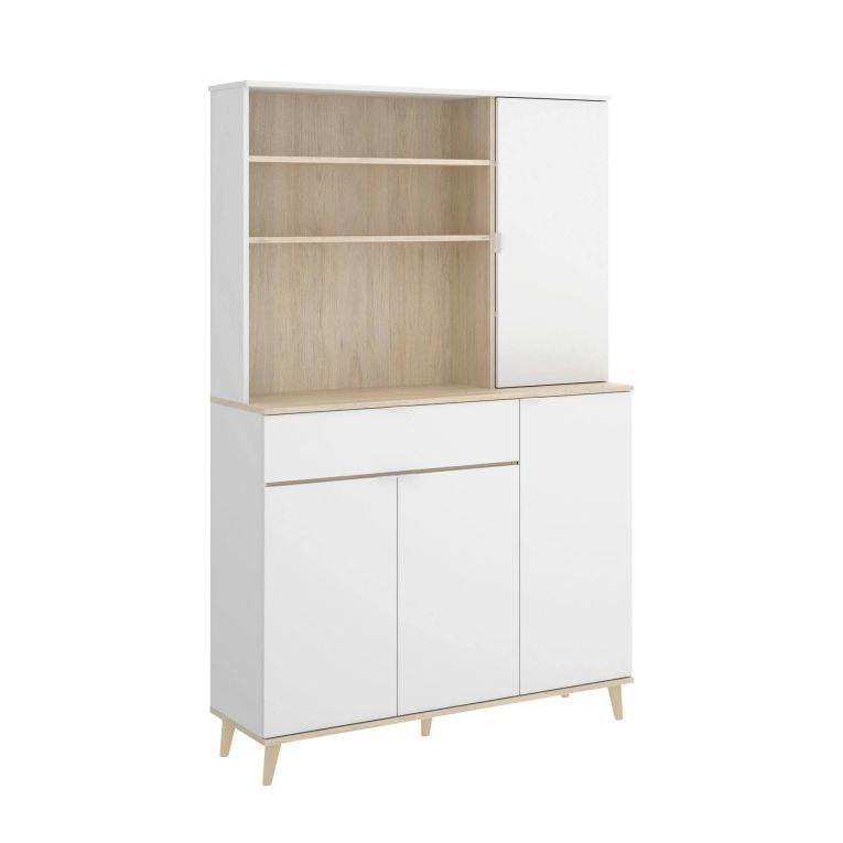 Credenza Sparavero, Buffet dispensa da soggiorno, Madia da salotto moderna a 4 ante, 120x40h191 cm, Bianco e Rovere
