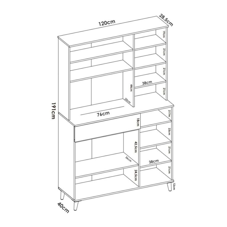 Credenza Sparavero, Buffet dispensa da soggiorno, Madia da salotto moderna a 4 ante, 120x40h191 cm, Bianco e Rovere