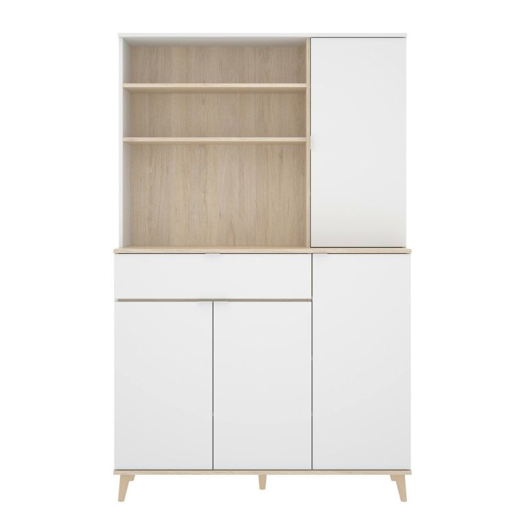 Credenza Sparavero, Buffet dispensa da soggiorno, Madia da salotto moderna a 4 ante, 120x40h191 cm, Bianco e Rovere