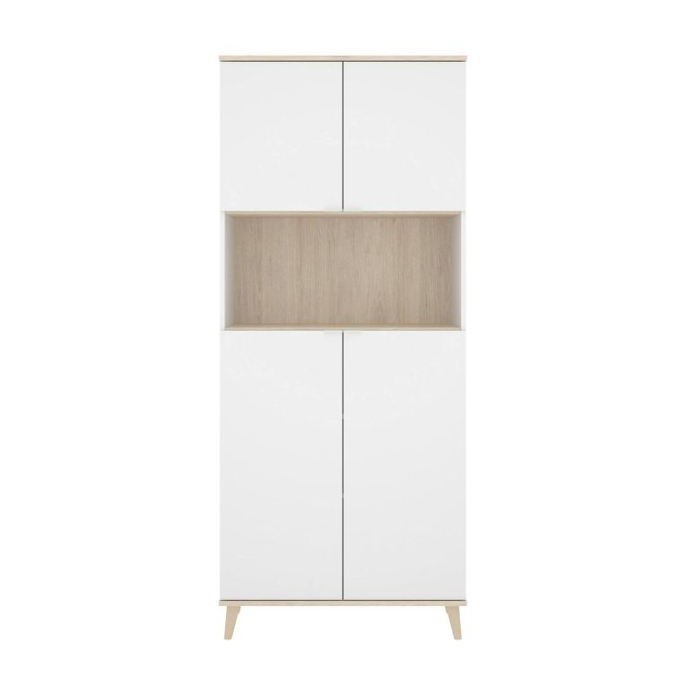 Credenza Spino, Buffet dispensa da soggiorno, Madia da salotto moderna a 4 ante, 80x40h191 cm, Bianco e Rovere