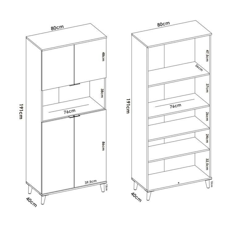 Credenza Spino, Buffet dispensa da soggiorno, Madia da salotto moderna a 4 ante, 80x40h191 cm, Bianco e Rovere