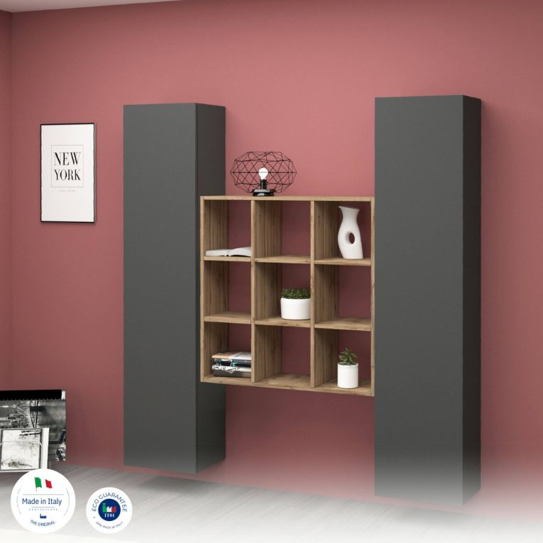 Credenza stretta antracite e acero 40x30x180h cm 2 ante - Acerenza