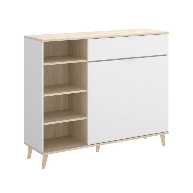 Credenza Sumbra, Buffet dispensa da soggiorno, Madia da salotto moderna a 2 ante, 120x40h102 cm, Bianco e Rovere