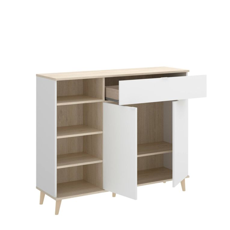 Credenza Sumbra, Buffet dispensa da soggiorno, Madia da salotto moderna a 2 ante, 120x40h102 cm, Bianco e Rovere