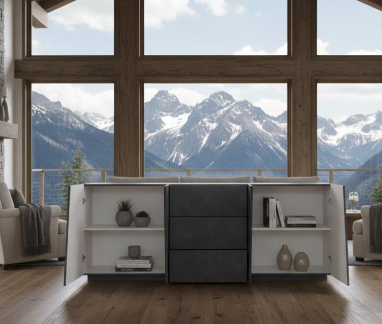 Credenza Sven, Madia da cucina a 4 ante e 3 cassetti, Buffet da soggiorno, 100% Made in Italy, cm 220x43h86, Ardesia