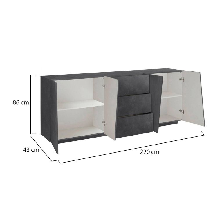 Credenza Sven, Madia da cucina a 4 ante e 3 cassetti, Buffet da soggiorno, 100% Made in Italy, cm 220x43h86, Ardesia