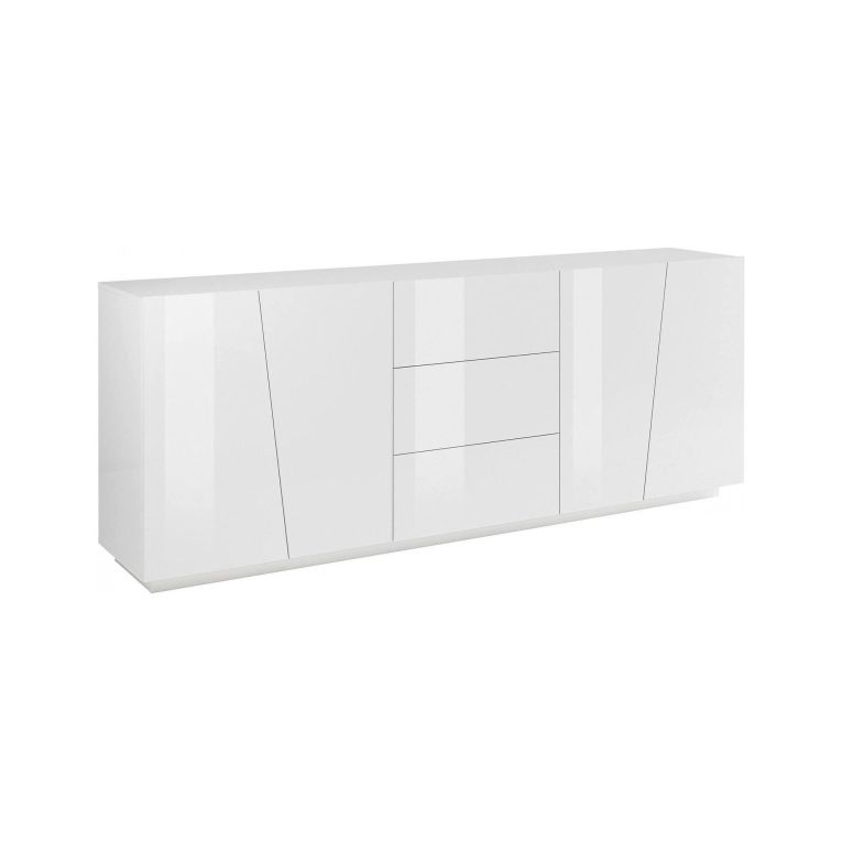 Credenza Sven, Madia da cucina a 4 ante e 3 cassetti, Buffet da soggiorno, 100% Made in Italy, cm 220x43h86, Bianco lucido