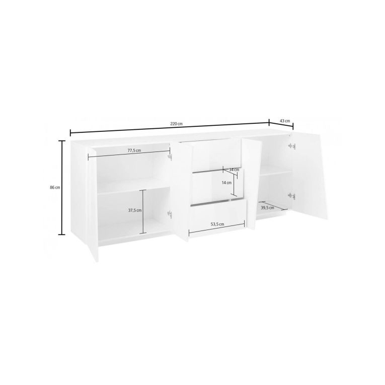 Credenza Sven, Madia da cucina a 4 ante e 3 cassetti, Buffet da soggiorno, 100% Made in Italy, cm 220x43h86, Bianco lucido