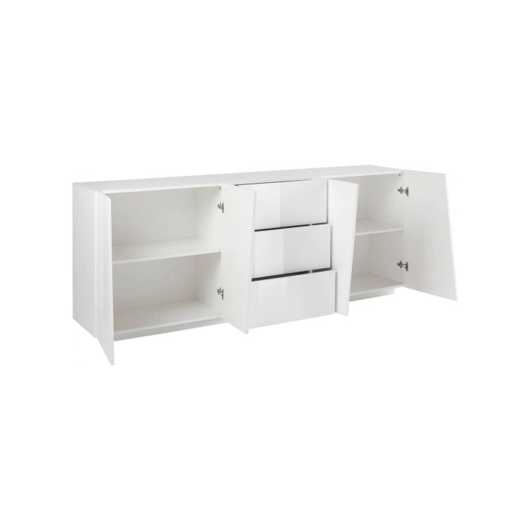 Credenza Sven, Madia da cucina a 4 ante e 3 cassetti, Buffet da soggiorno, 100% Made in Italy, cm 220x43h86, Bianco lucido