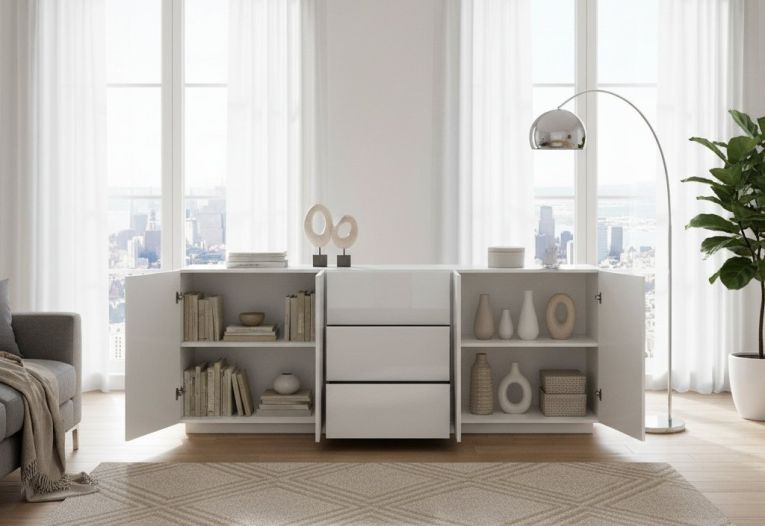 Credenza Sven, Madia da cucina a 4 ante e 3 cassetti, Buffet da soggiorno, 100% Made in Italy, cm 220x43h86, Bianco lucido