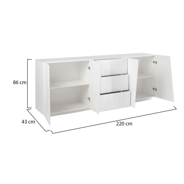 Credenza Sven, Madia da cucina a 4 ante e 3 cassetti, Buffet da soggiorno, 100% Made in Italy, cm 220x43h86, Bianco lucido