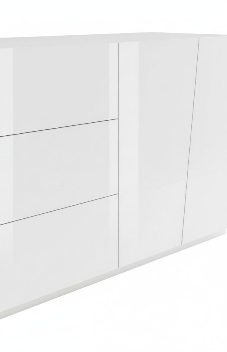 Credenza Sven, Madia da cucina a 4 ante e 3 cassetti, Buffet da soggiorno, 100% Made in Italy, cm 220x43h86, Bianco lucido