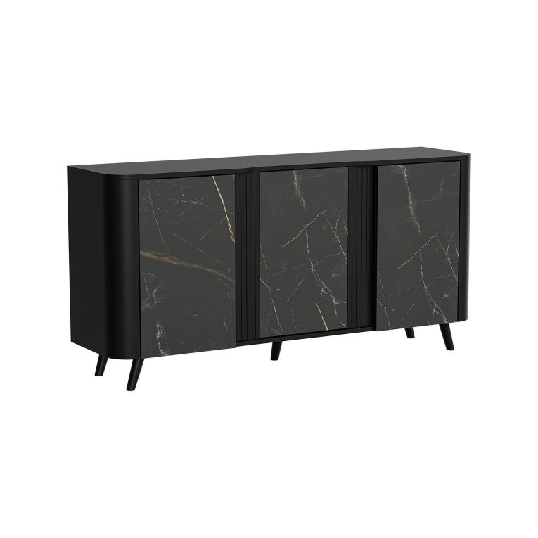 Credenza Tarouca, Madia da salotto con tre ante battenti e vani interni, Rialzata da terra, 151x42 h70 cm, Marmo e Nero