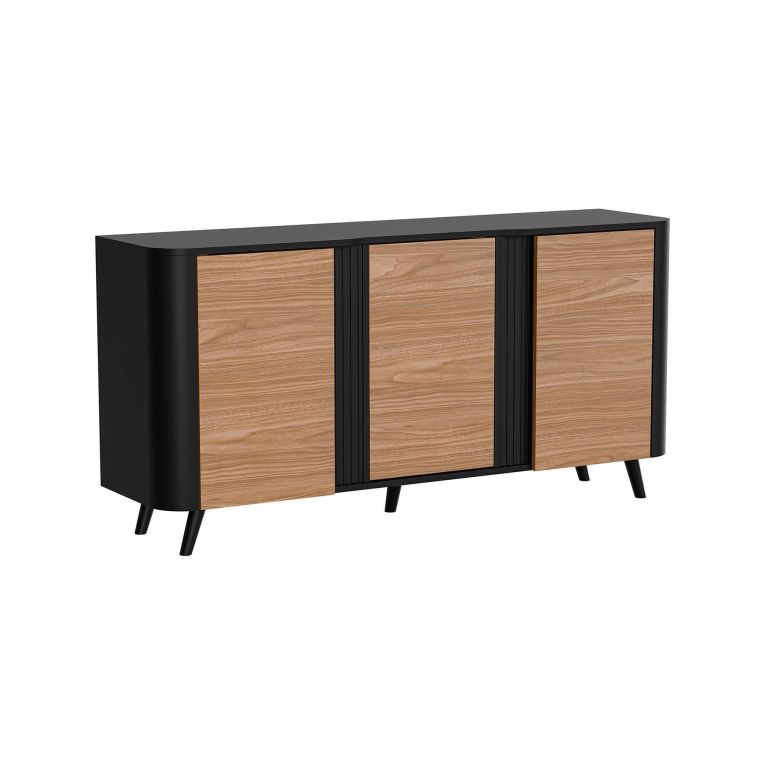 Credenza Tarouca, Madia da salotto con tre ante battenti e vani interni, Rialzata da terra, 151x42 h70 cm, Nero e Noce
