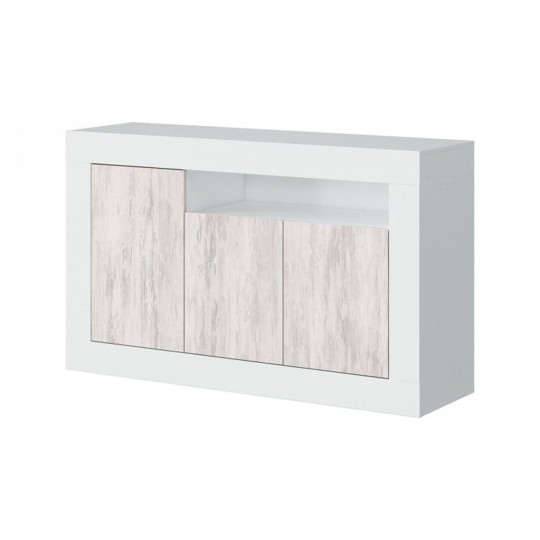 Credenza Thornton, Madia moderna a 3 ante, Buffet da soggiorno con scomparti, Madia da salotto, Mobile Porta TV, 144x42h87 cm, Bianco