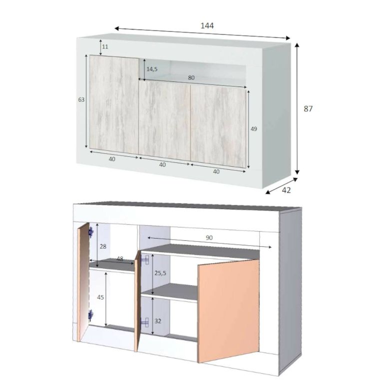 Credenza Thornton, Madia moderna a 3 ante, Buffet da soggiorno con scomparti, Madia da salotto, Mobile Porta TV, 144x42h87 cm, Bianco