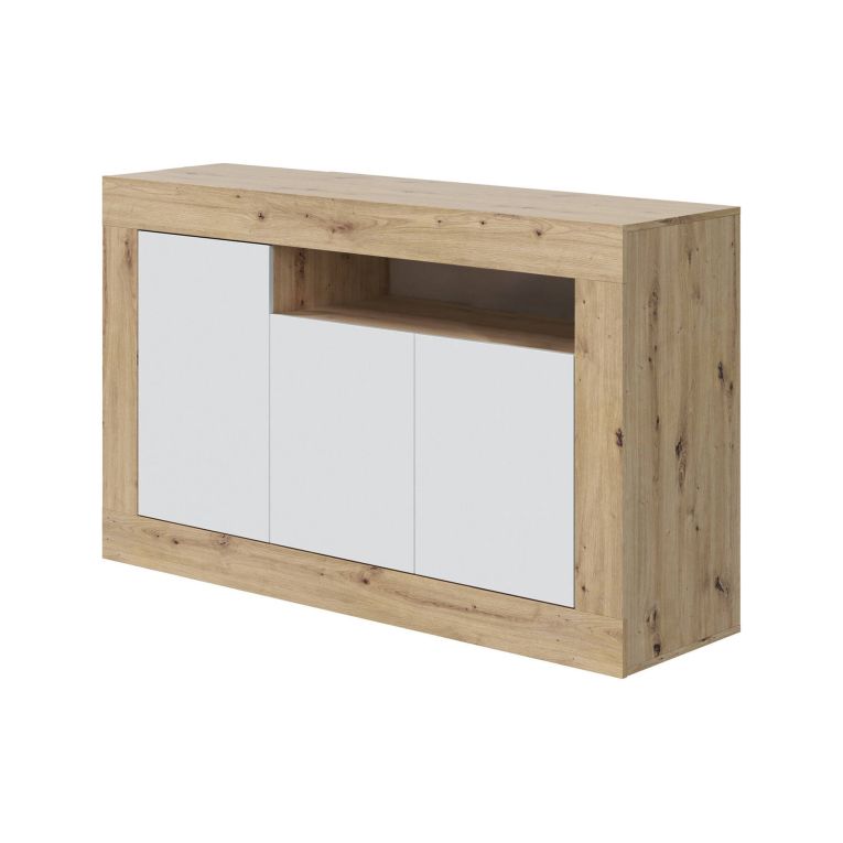 Credenza Thornton, Madia moderna a 3 ante, Buffet da soggiorno con scomparti, Madia da salotto, Mobile Porta TV, 144x42h87 cm, Rovere nodi e Bianco