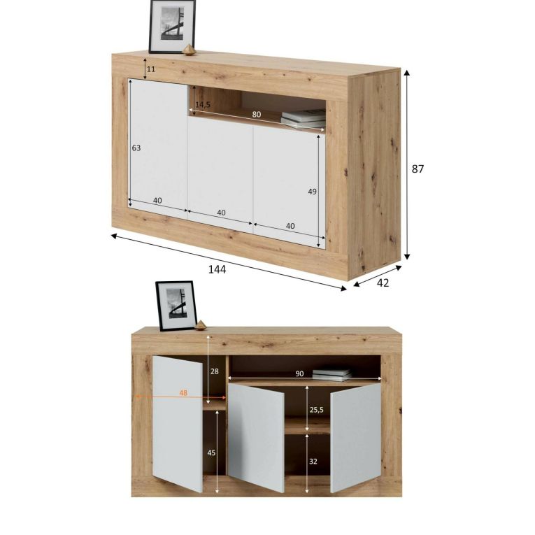 Credenza Thornton, Madia moderna a 3 ante, Buffet da soggiorno con scomparti, Madia da salotto, Mobile Porta TV, 144x42h87 cm, Rovere nodi e Bianco