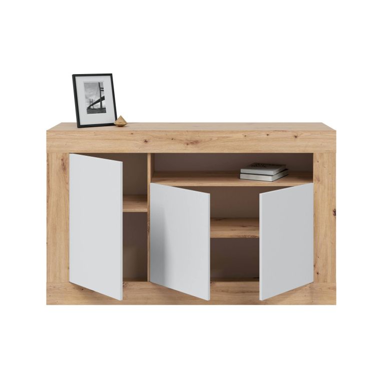 Credenza Thornton, Madia moderna a 3 ante, Buffet da soggiorno con scomparti, Madia da salotto, Mobile Porta TV, 144x42h87 cm, Rovere nodi e Bianco