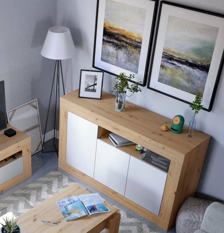 Credenza Thornton, Madia moderna a 3 ante, Buffet da soggiorno con scomparti, Madia da salotto, Mobile Porta TV, 144x42h87 cm, Rovere nodi e Bianco