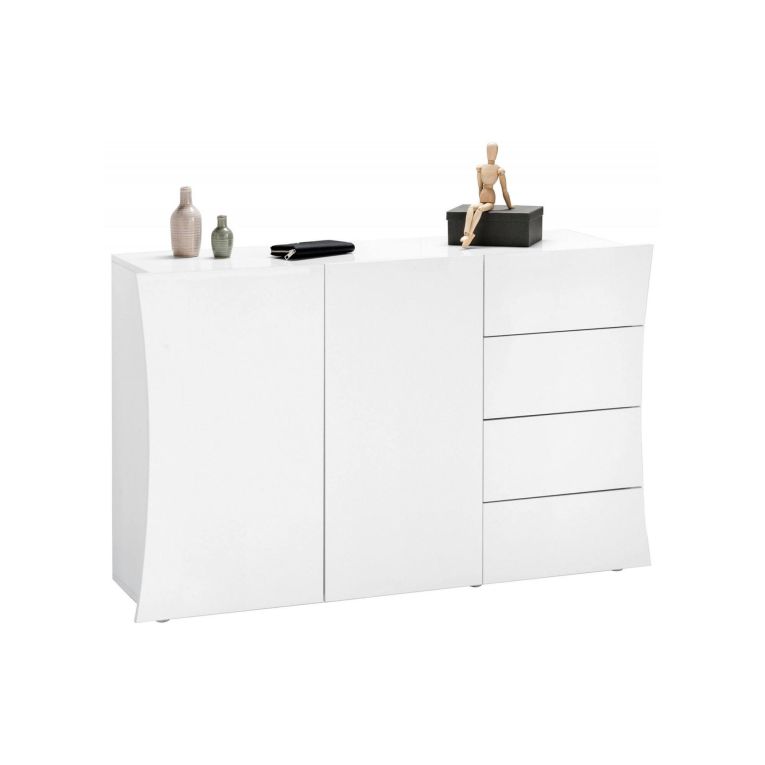 Credenza Tommaso, Madia da cucina a 2 ante e 4 cassetti, Buffet da soggiorno, 100% Made in Italy, cm 124x40h82, Bianco lucido
