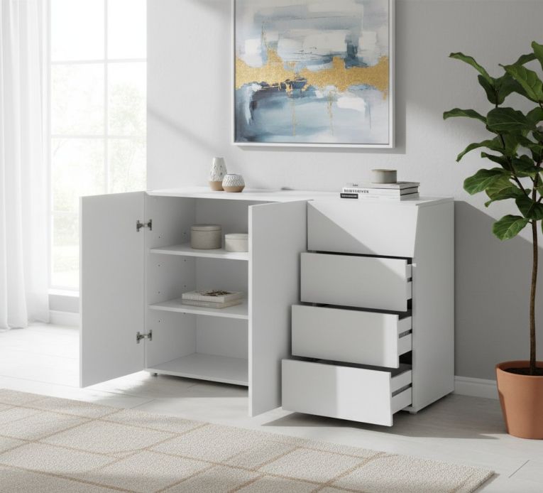 Credenza Tommaso, Madia da cucina a 2 ante e 4 cassetti, Buffet da soggiorno, 100% Made in Italy, cm 124x40h82, Bianco lucido