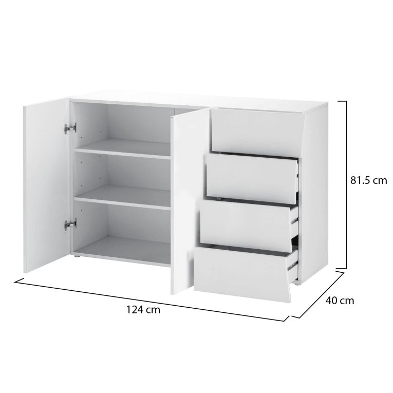Credenza Tommaso, Madia da cucina a 2 ante e 4 cassetti, Buffet da soggiorno, 100% Made in Italy, cm 124x40h82, Bianco lucido
