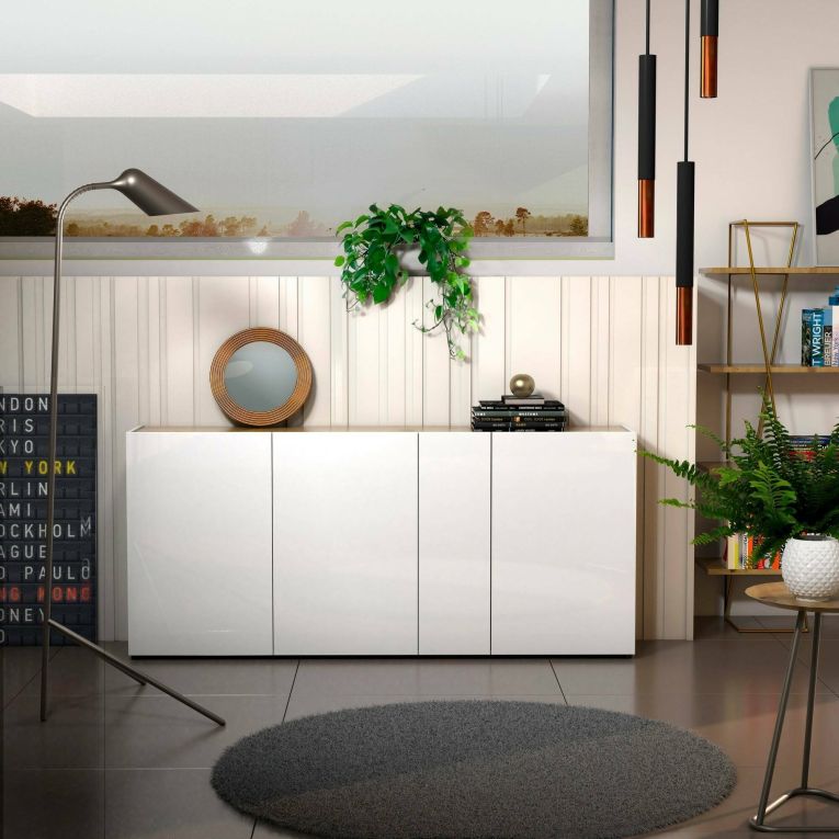 Credenza Ulundi, Buffet da soggiorno, Madia da salotto, Dispensa da cucina, Made in Italy, 203x40h92 cm, Bianco lucido e Rovere