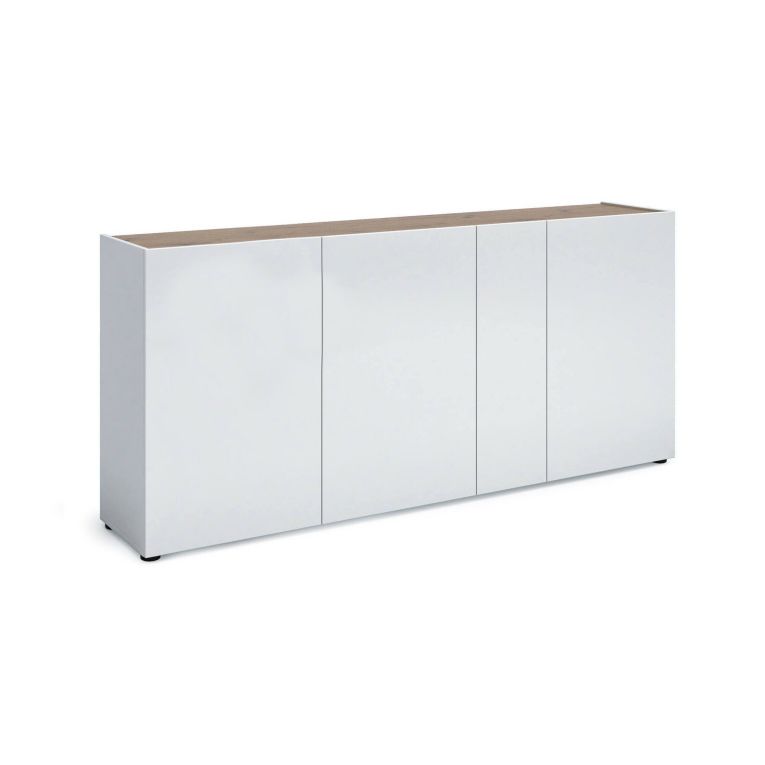 Credenza Ulundi, Buffet da soggiorno, Madia da salotto, Dispensa da cucina, Made in Italy, 203x40h92 cm, Bianco lucido e Rovere