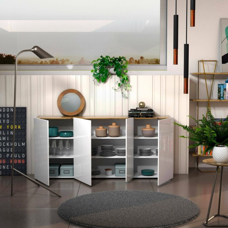 Credenza Ulundi, Buffet da soggiorno, Madia da salotto, Dispensa da cucina, Made in Italy, 203x40h92 cm, Bianco lucido e Rovere