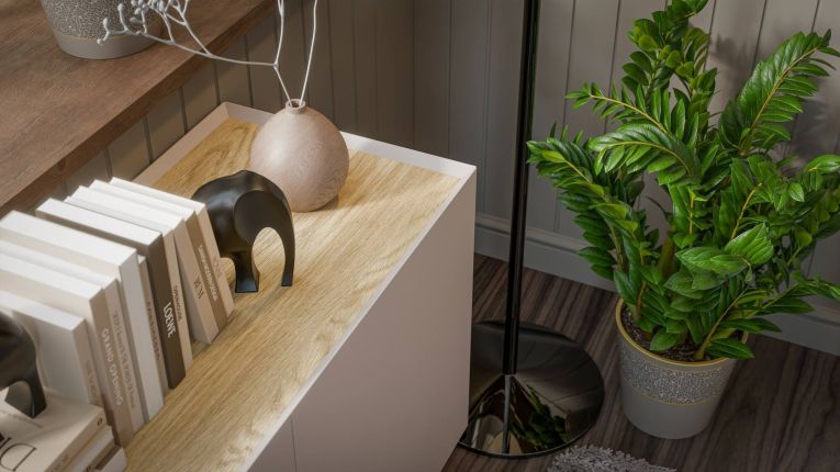 Credenza Valongo, Madia da salotto con tre ante battenti e vani interni, Rialzata da terra, 150x40 h70 cm, Beige e Rovere
