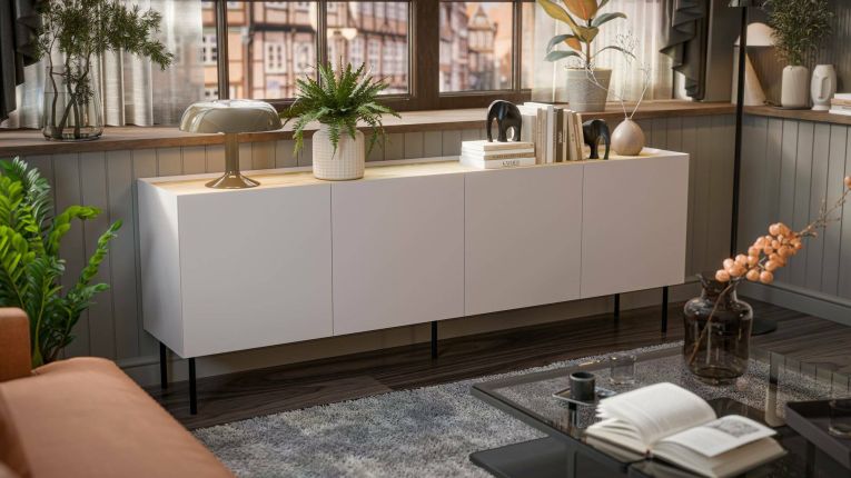 Credenza Valpacos, Madia da salotto con quattro ante battenti e vani interni, Rialzata da terra, 200x40 h70 cm, Beige e Rovere