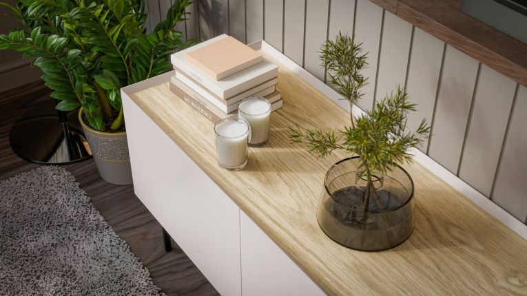 Credenza Valpacos, Madia da salotto con quattro ante battenti e vani interni, Rialzata da terra, 200x40 h70 cm, Beige e Rovere
