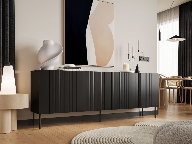 Credenza Vedras, Madia da salotto con quattro ante battenti e vani interni, Rialzata da terra, 201x42 h75 cm, Nero