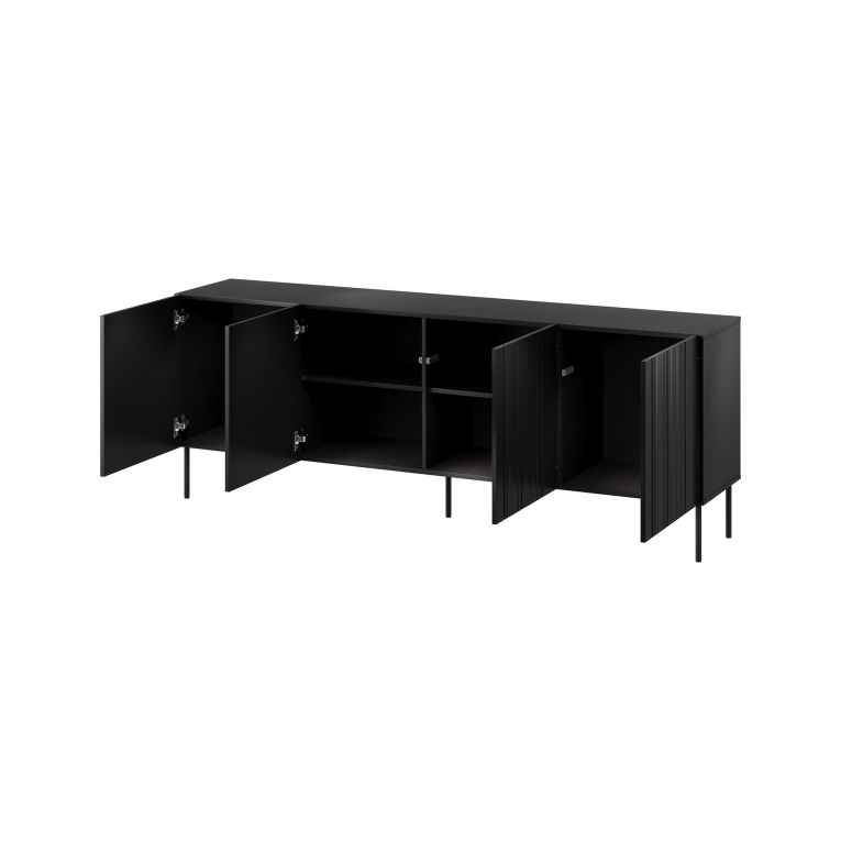 Credenza Vedras, Madia da salotto con quattro ante battenti e vani interni, Rialzata da terra, 201x42 h75 cm, Nero