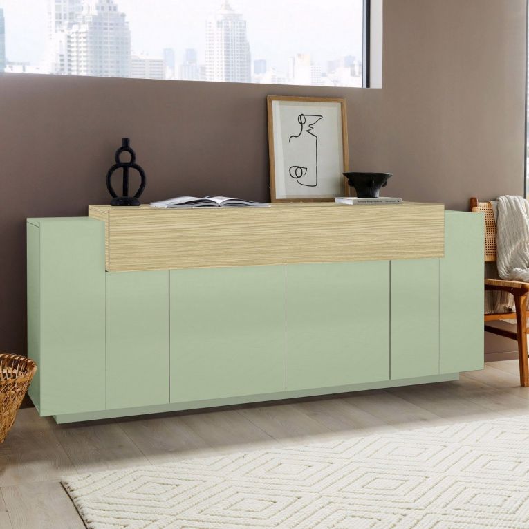 Credenza Verde 3 Ripiani Apertura Battente, a Ribalta 200x45x85.5h cm, 5 Ante - Pulfero