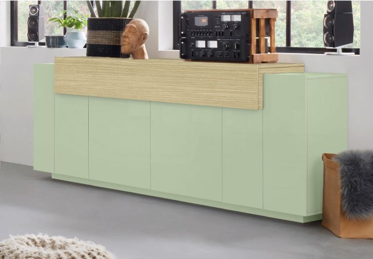 Credenza Verde 3 Ripiani Apertura Battente, a Ribalta 200x45x85.5h cm, 5 Ante - Pulfero