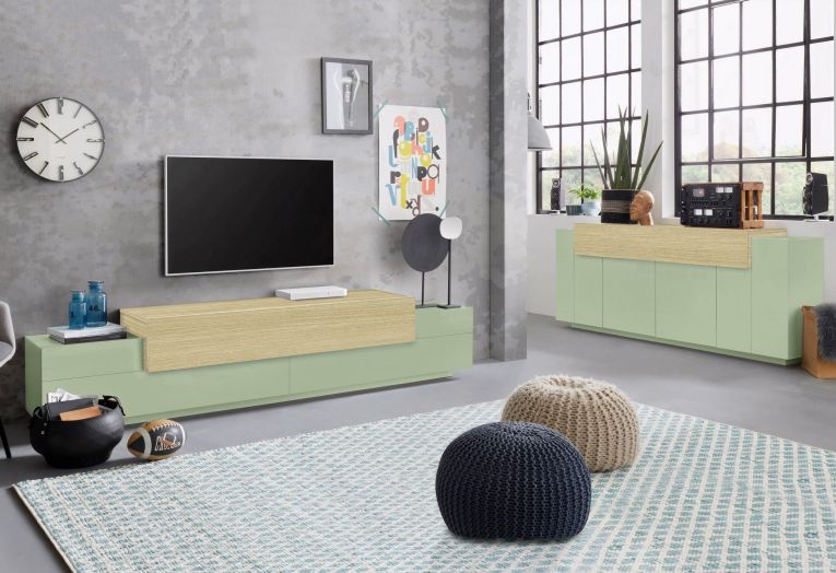 Credenza Verde 3 Ripiani Apertura Battente, a Ribalta 200x45x85.5h cm, 5 Ante - Pulfero