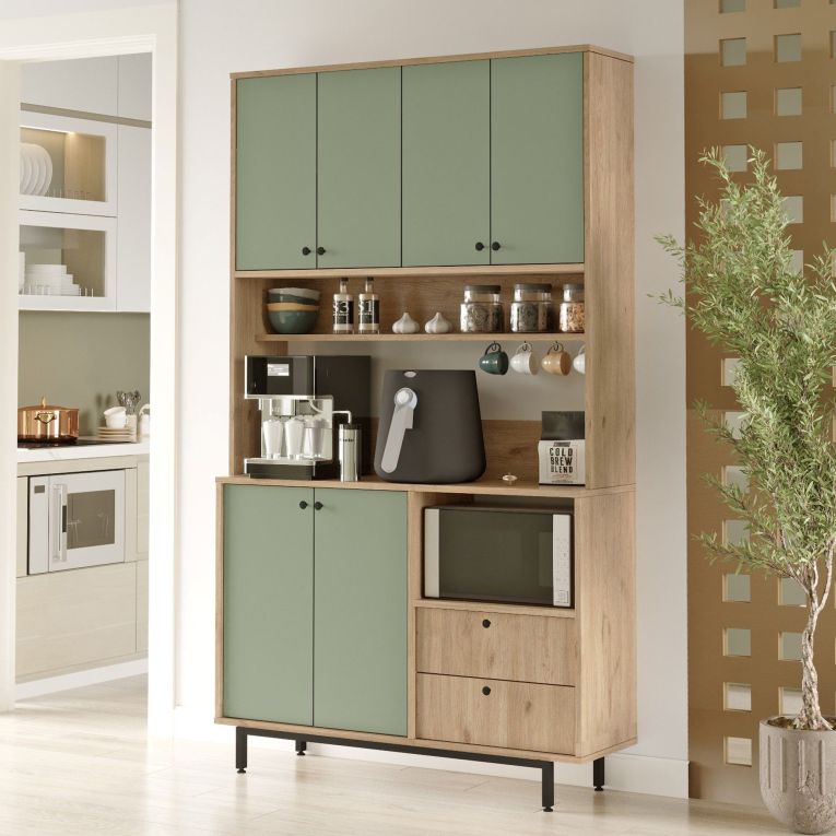 Credenza Verde Marrone Rovere 2 Cassetti 4 Ripiani 120x36x205h cm, Apertura Battente, Scorrevole - Pianella