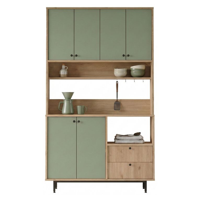 Credenza Verde Marrone Rovere 2 Cassetti 4 Ripiani 120x36x205h cm, Apertura Battente, Scorrevole - Pianella