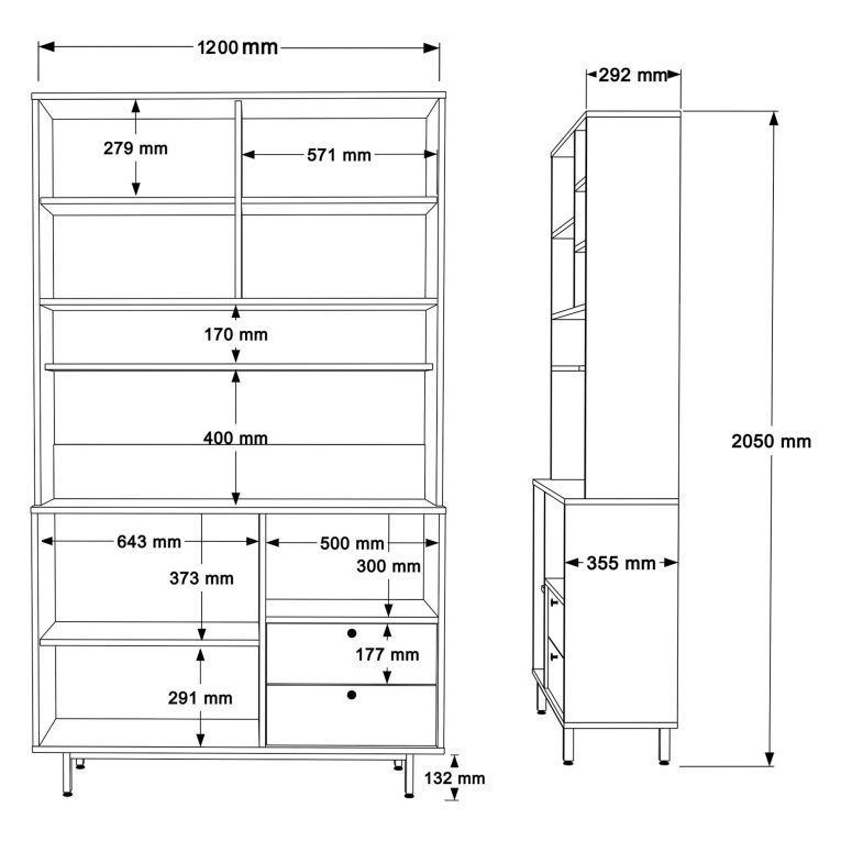 Credenza Verde Marrone Rovere 2 Cassetti 4 Ripiani 120x36x205h cm, Apertura Battente, Scorrevole - Pianella