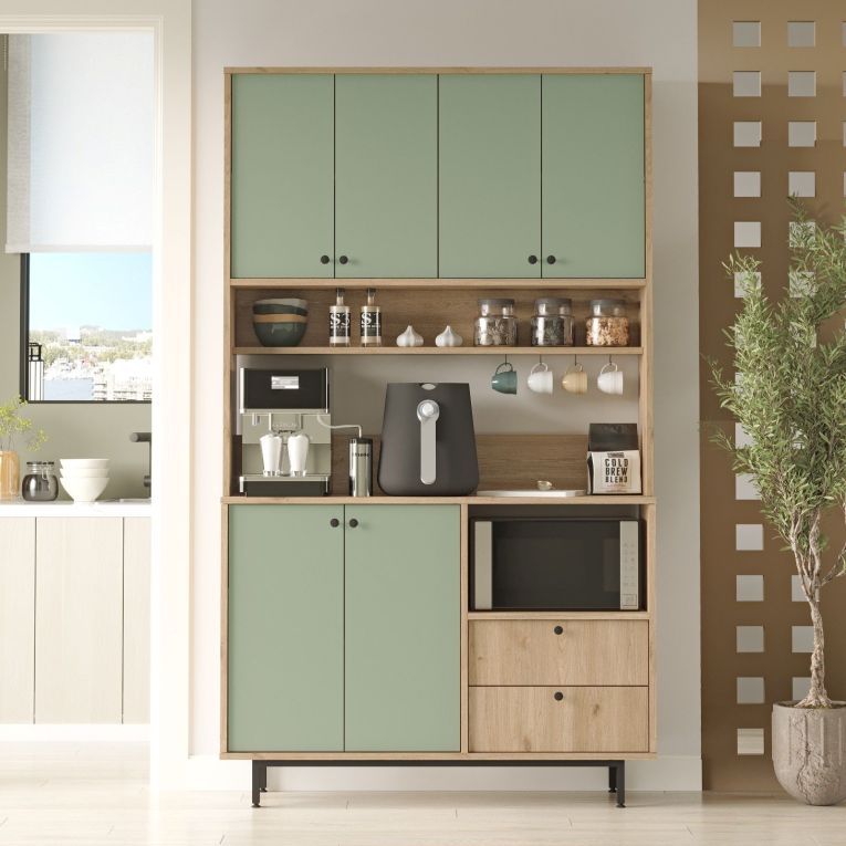 Credenza Verde Marrone Rovere 2 Cassetti 4 Ripiani 120x36x205h cm, Apertura Battente, Scorrevole - Pianella