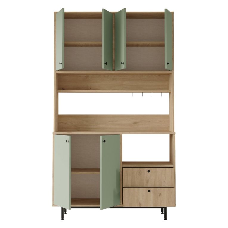 Credenza Verde Marrone Rovere 2 Cassetti 4 Ripiani 120x36x205h cm, Apertura Battente, Scorrevole - Pianella