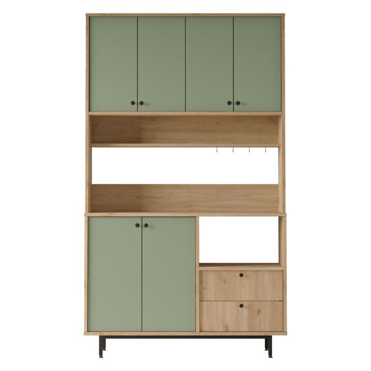 Credenza Verde Marrone Rovere 2 Cassetti 4 Ripiani 120x36x205h cm, Apertura Battente, Scorrevole - Pianella