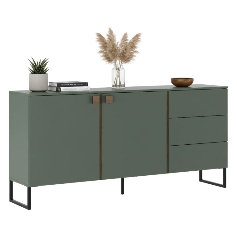 Credenza Verde Marrone Rovere 3 Cassetti 2 Ripiani 184x40x86h cm, Apertura Battente - Camere