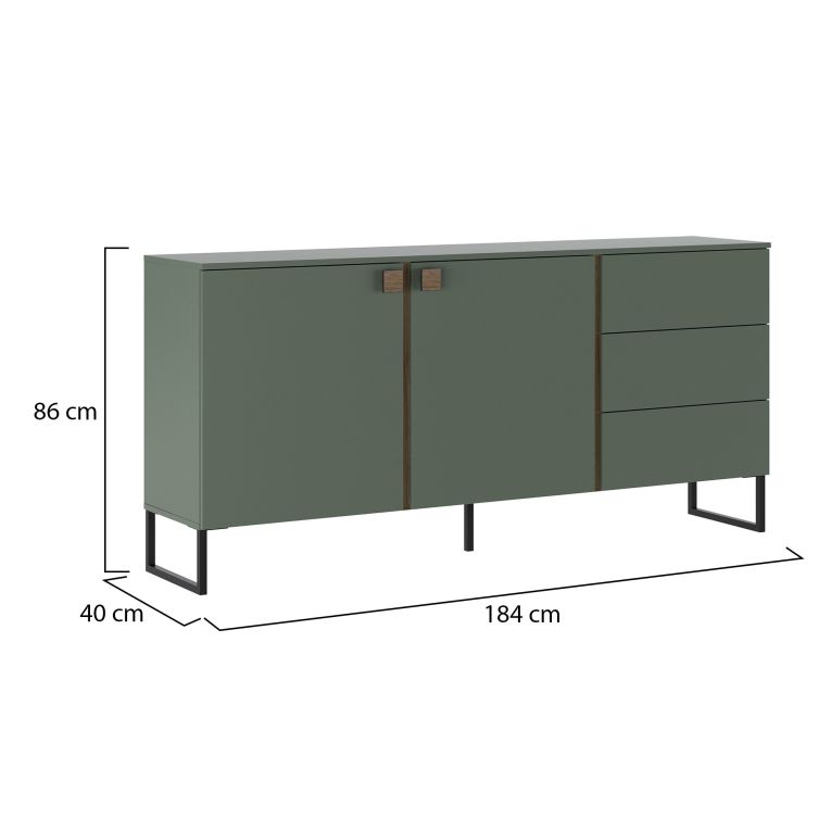 Credenza Verde Marrone Rovere 3 Cassetti 2 Ripiani 184x40x86h cm, Apertura Battente - Camere
