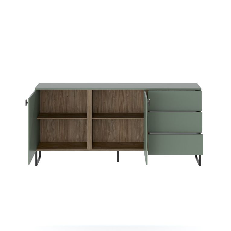 Credenza Verde Marrone Rovere 3 Cassetti 2 Ripiani 184x40x86h cm, Apertura Battente - Camere
