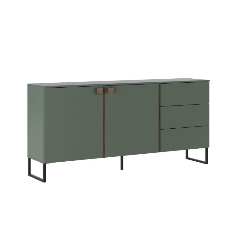 Credenza Verde Marrone Rovere 3 Cassetti 2 Ripiani 184x40x86h cm, Apertura Battente - Camere